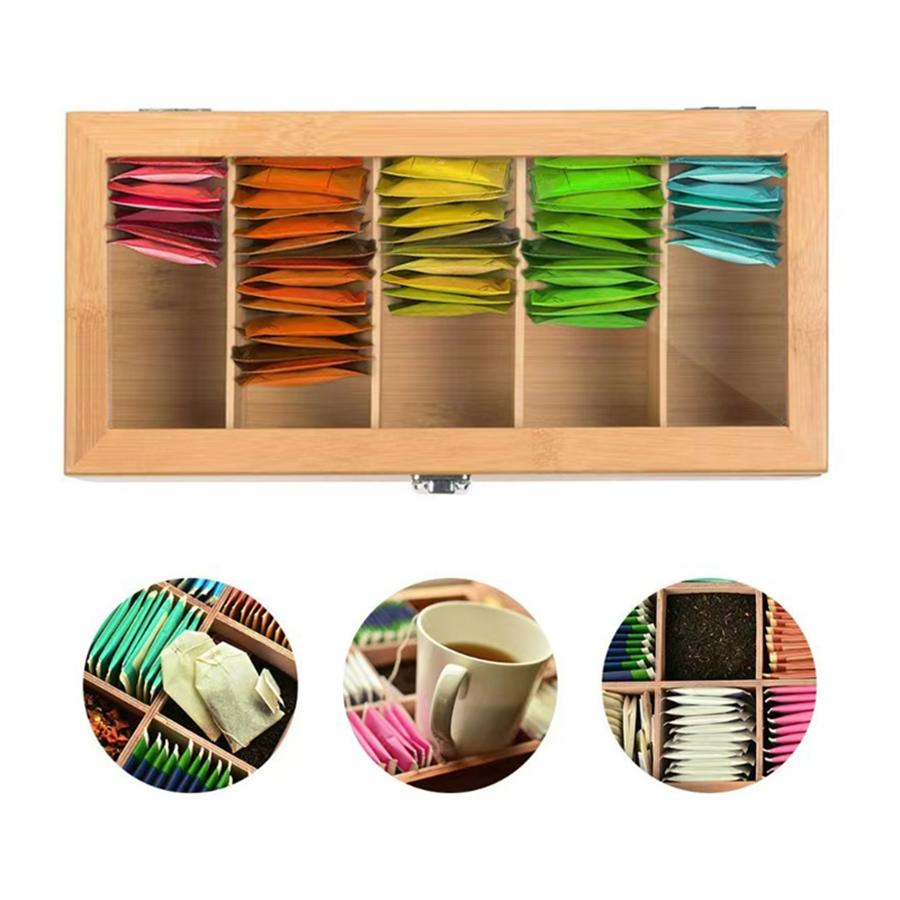 Bamboo Tea bag Storage Box Portable Teabag Holder with 5Compartments Multipurpose Tea Packet Box for Home Office Spices
