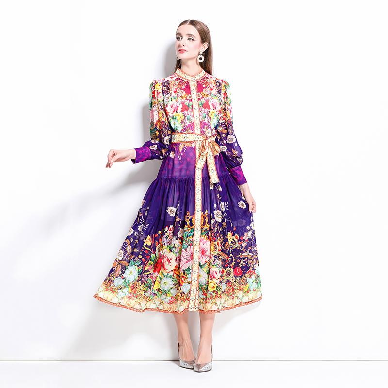 Spring Summer Women Lantern Sleeve Vintage Print Chiffon Oversize Loose Long Maxi Holiday Beach Dresses