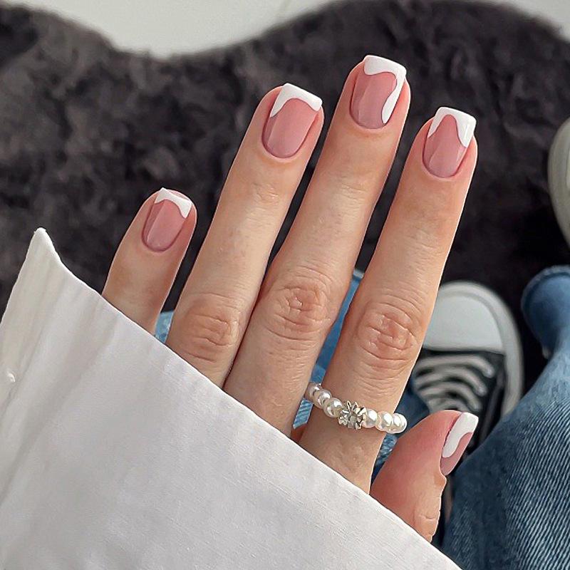

French Nude Short Square Press-on Nails with Irregular White Edges