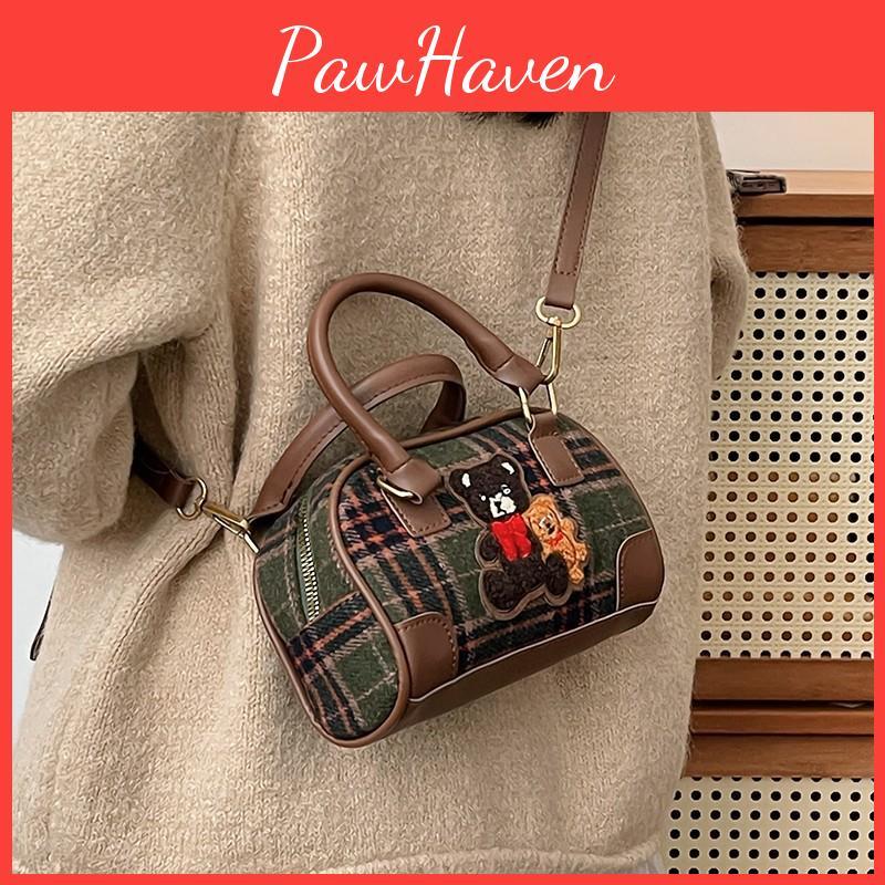 Retro Artistic Small Bear Embroidery Check Pattern Handbag For Outings Casual