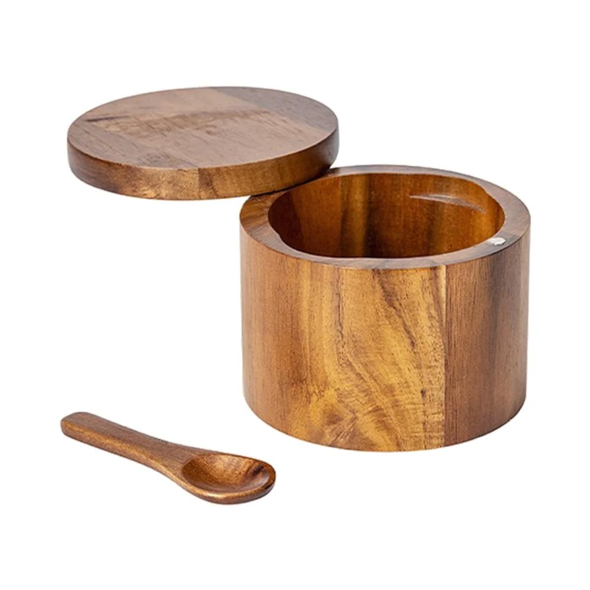 

1 шт. Солонка с ложкой и поворотной крышкой Деревянная соль Сольница Деревянная банка для кухни Идеально подходит для хранения приправ