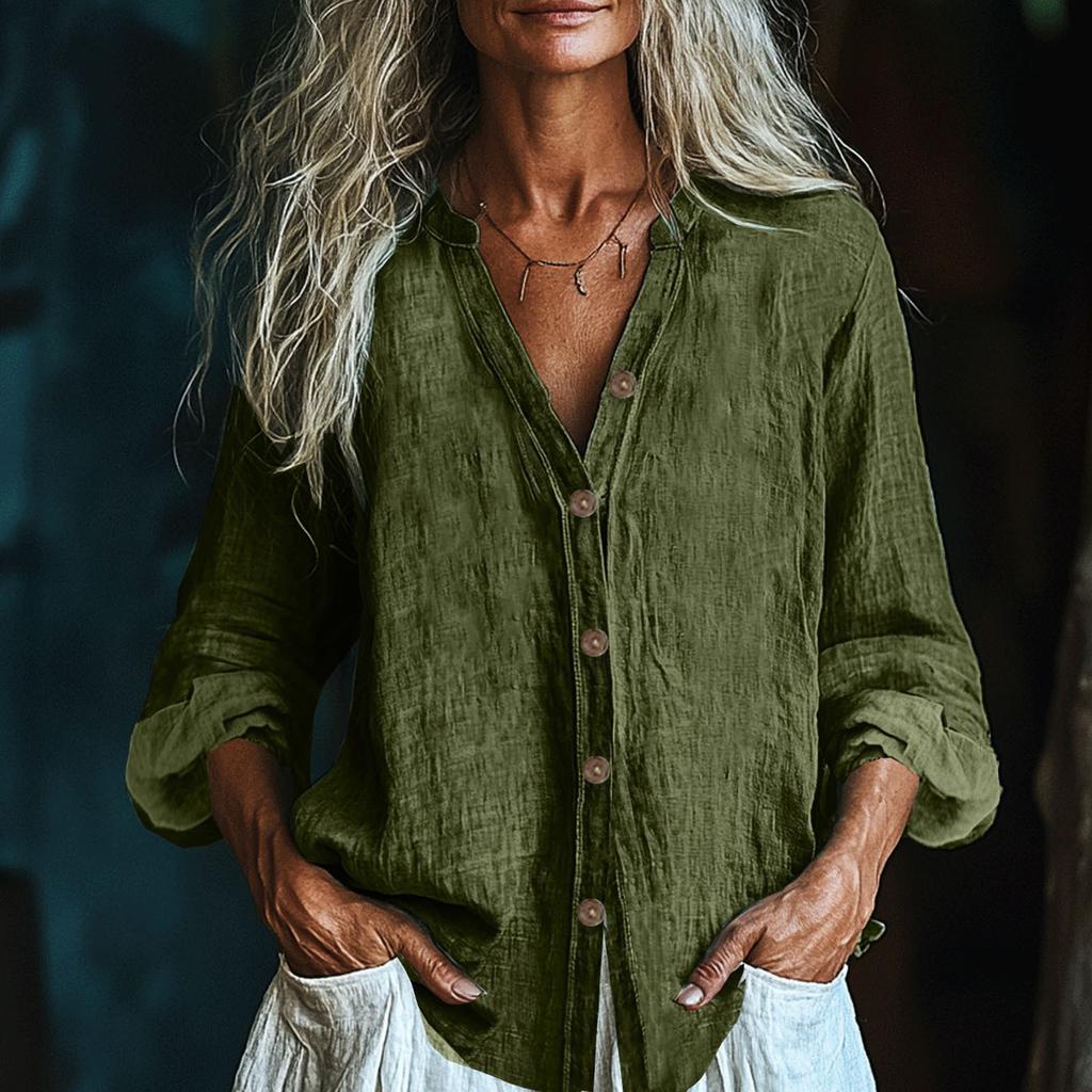 Women's Fashionable And Casual Solid-color Long-sleeved Cotton And Linen Shirt Top