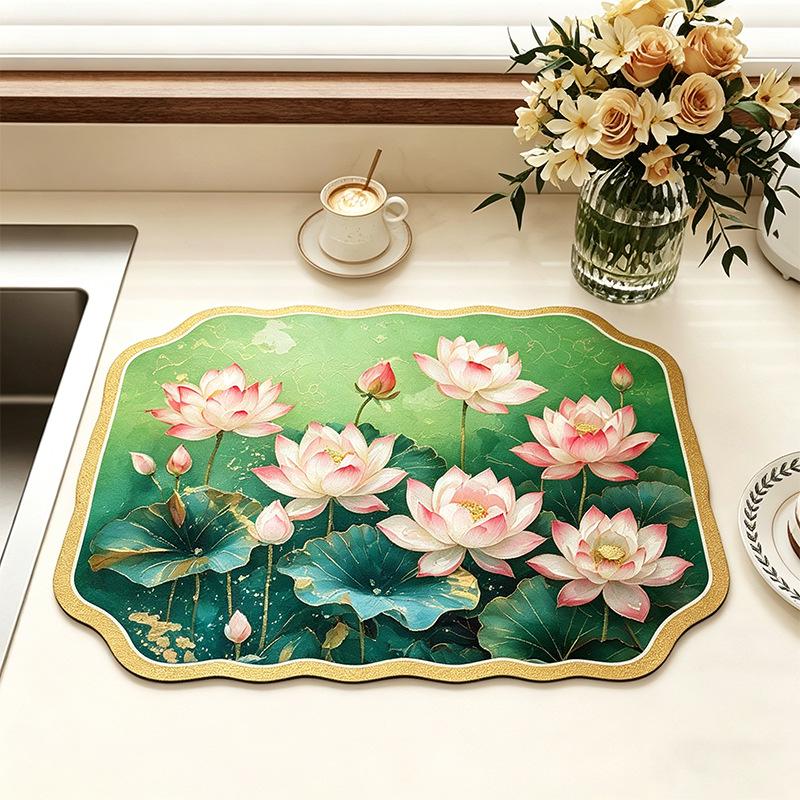 Chinese-Style Irregular Flower & Bird Diatom Mud Coffee Mat: Stain-Resistant, Easy-Clean, Non-Slip Kitchen Draining Mat