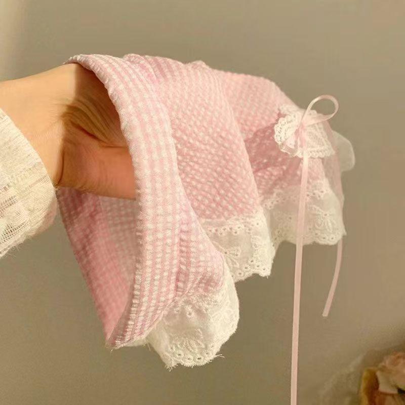 Idyllic lace headband new blast furnace top triangle scarf headband French retro plaid sweet and cute headscarf