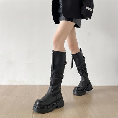 Μαύρες ρετρό βρετανικού στυλ πλατφόρμες με χοντρό τακούνι γυναικείες 2025 νέες ανοιξιάτικη και φθινοπωρινή σεζόν αύξηση ύψους και λεπτές μπότες ιππότη