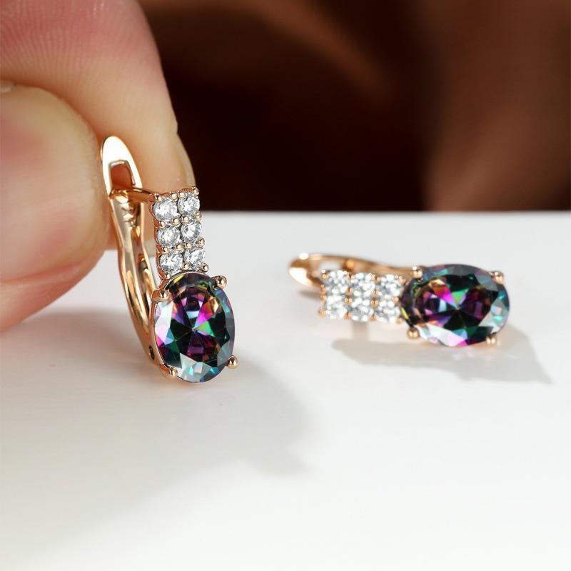 Oval amethyst zircon plated champagne gold ear buckle wedding earrings for women
