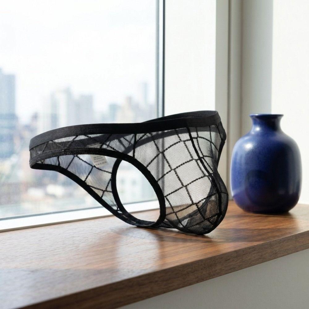 Simple Fashion Plaid Hollow Men's Mesh Thongs Transparent Ultra-thin Male Briefs Low Waist Breathable T Back Panties Male