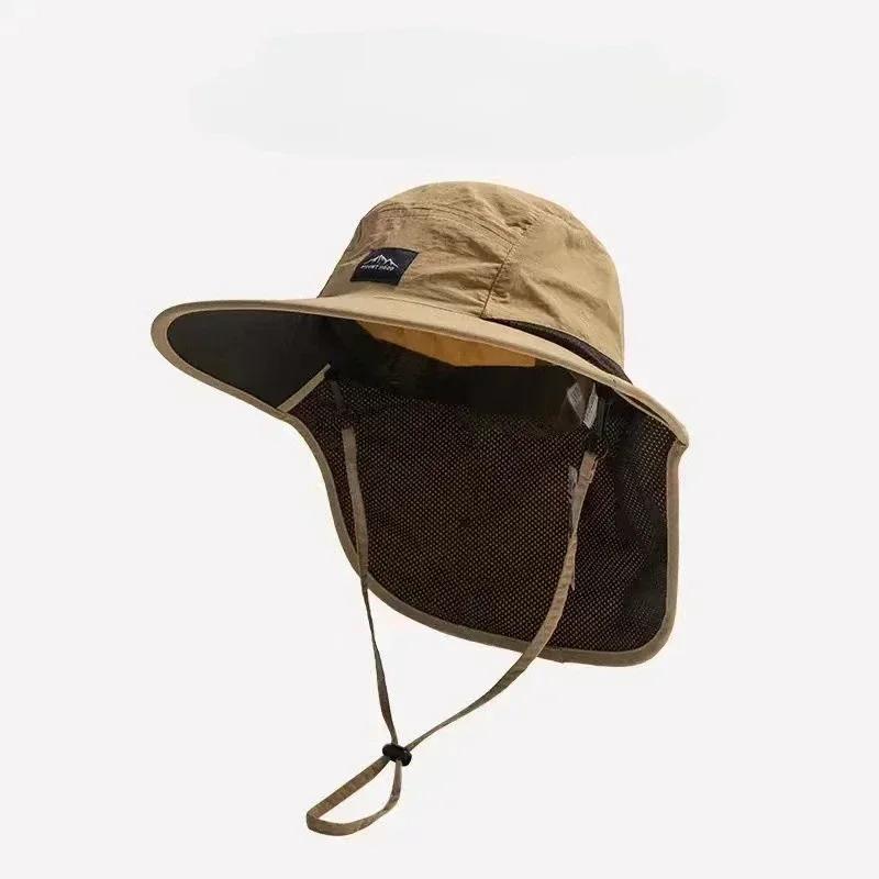 Summer Wide Brim Waterproof and Quick-drying Panama Caps Outdoor Visor Bucket Hats Mesh Breathable Sun Hat with Neck Flap Hiking