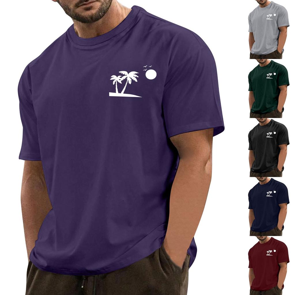 Men's Fashionable Casual Hawaiian Print Round Neck Short-Sleeved T-Shirt Top
