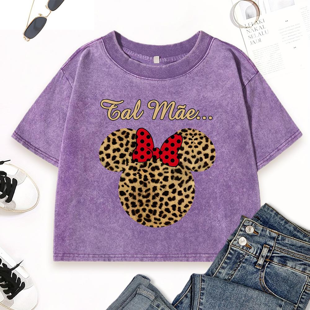 Leopard Print Red Bow Mouse Printing Washed T Shirt Womens Cotton Crop T-Shirt O-Neck Slim Clothes Short Sleeve