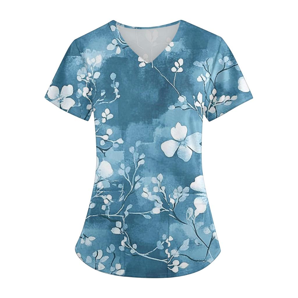 Bedruckte Oberteile für die Arbeitsuniform in Übergröße für Damen, V-Ausschnitt, Halloween-Aufdruck, kurzärmliges Fun-T-Shirt, Workwear-T-Shirt mit Taschen