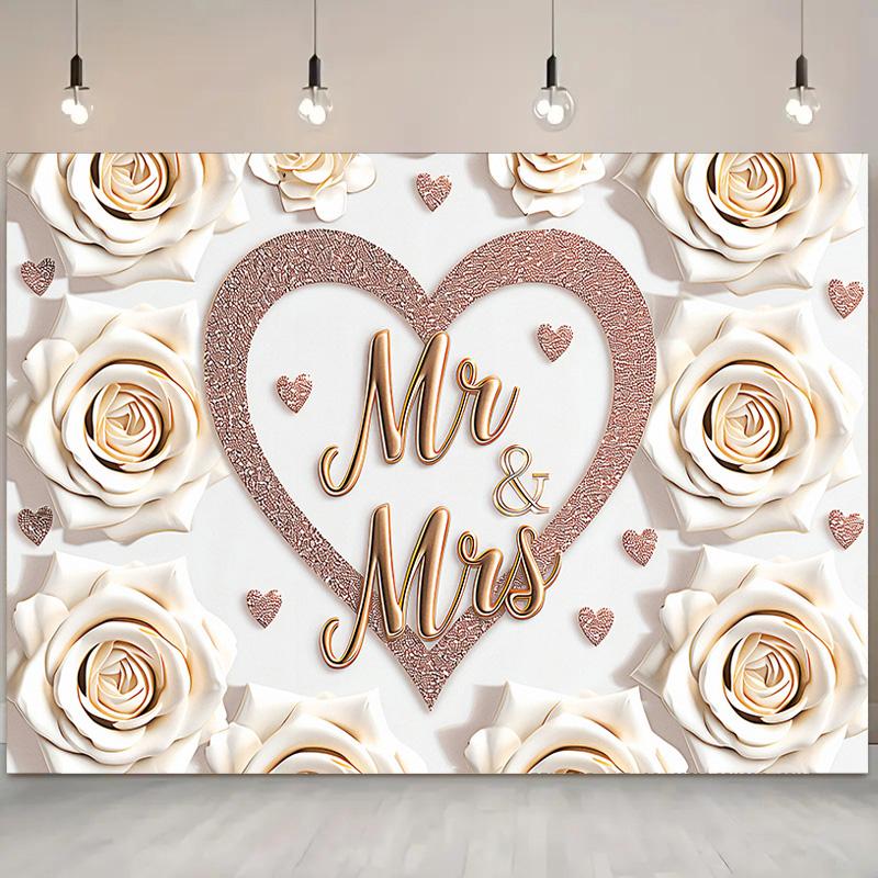 1pc Mr & Mrs Wedding Backdrop with Heart&White Roses,Party Banner for Weddings,Romantic Photo Background Decor,Wall Decor,Reusable Supplies