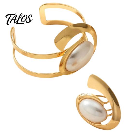 Geometric Open Bracelet 2Pcs Faux Pearl Bangle And Ring Set, Golden Plated Statement Jewelry & Ring, Minimalist for Party Adjustable Wrist