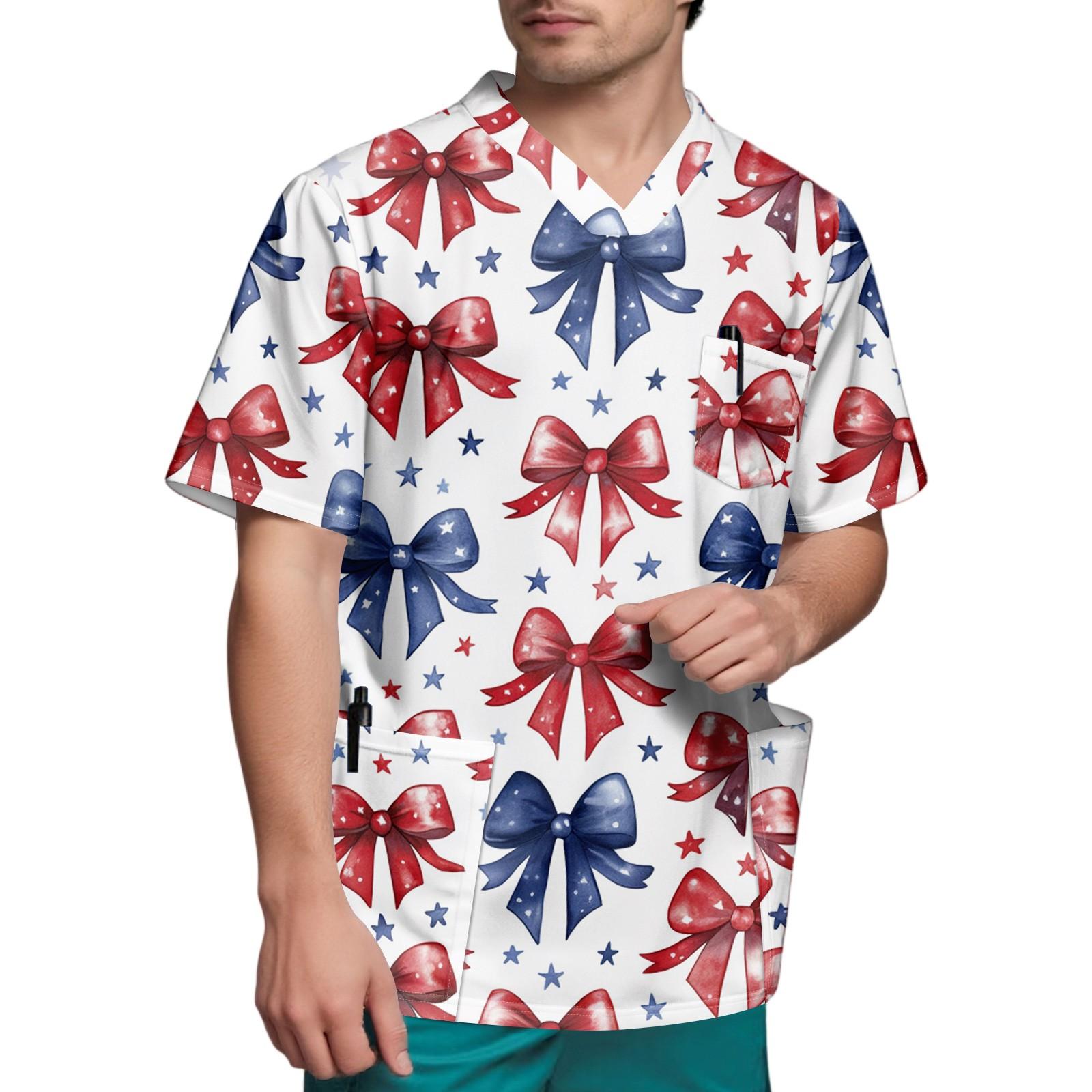 

Men s Short Sleeve V Neck Independence Day Print Chest Pocket Carer Top XXL білий