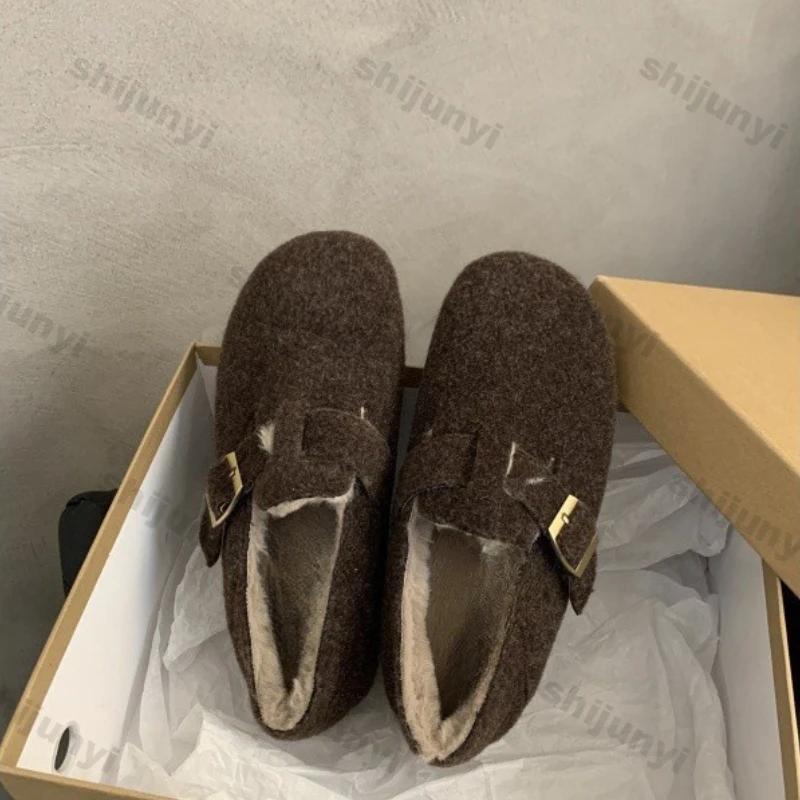 Fashion Winter Retro Thicken Plush Warm Shoes Women New Faux Suede Warm Cotton Single Shoes Woman Thick Sole Non Slip Cotton Padded Shoe