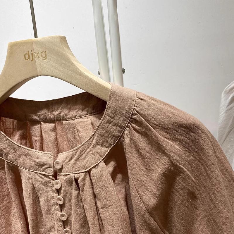 Korean Style Retro Stand Collar Loose Fit Short Sleeve Women's Doll Shirt