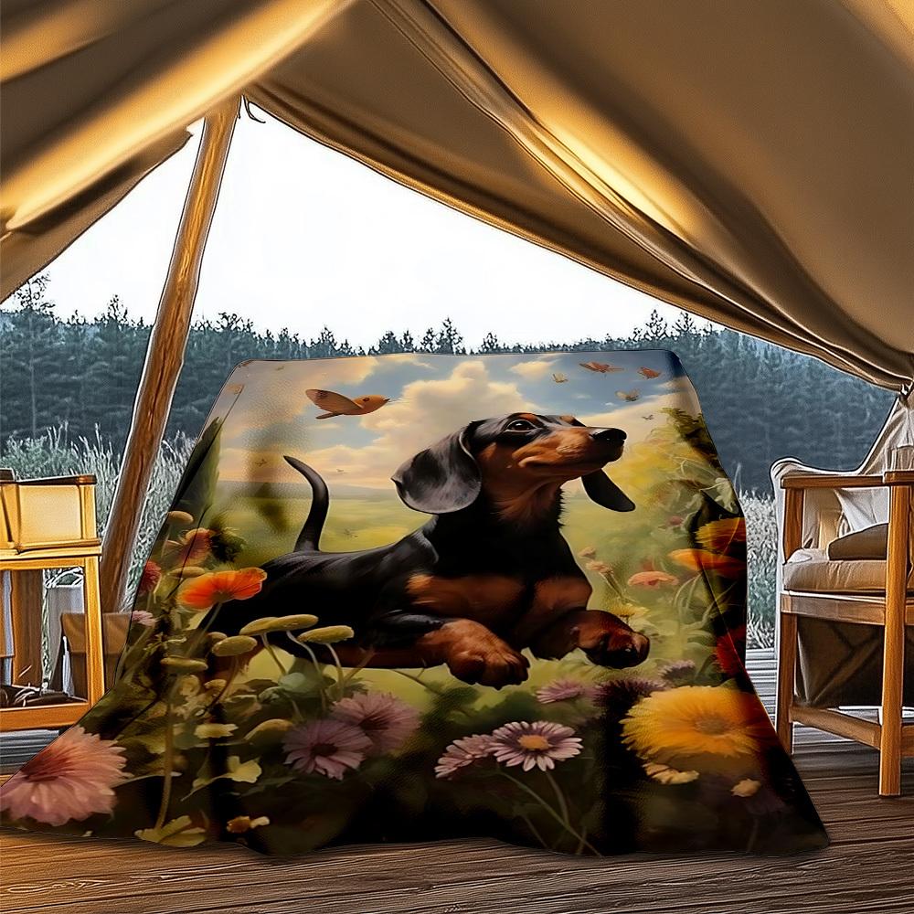 1pc Dachshund, Flower Field Print Outdoor Blanket, Lightweight Polyester,