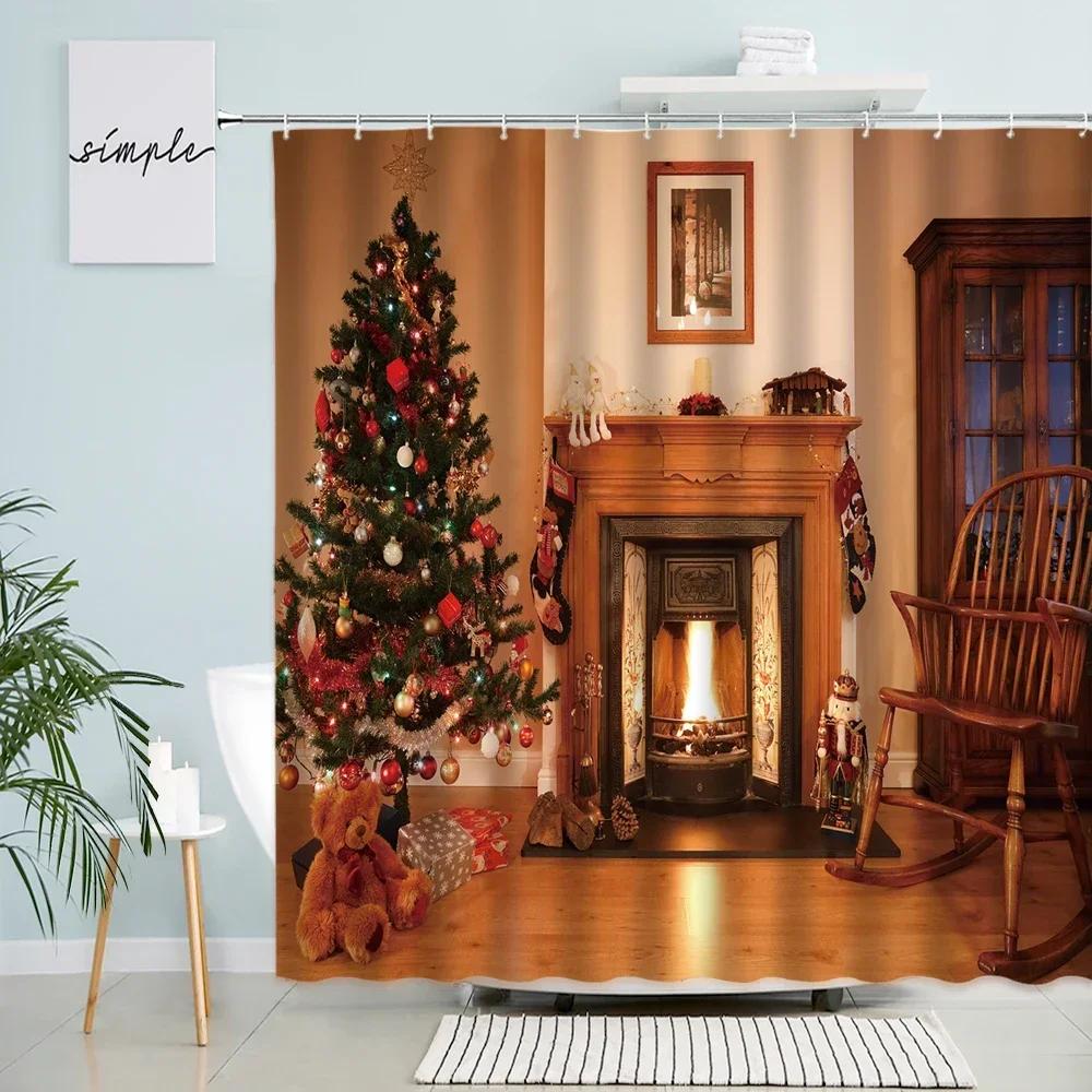 GAEMerry Christmas Shower Curtain Xmas Tree Fireplace Holiday Gifts Interior Old Decor Bathroom Waterproof Curtains With Hook