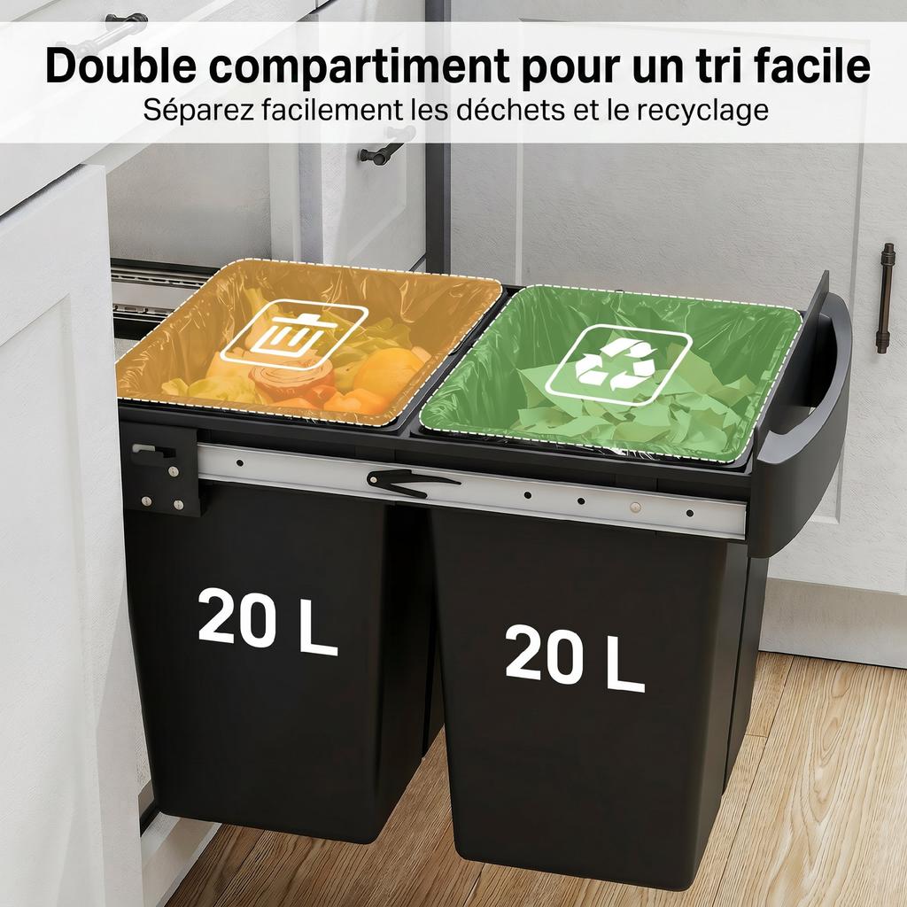 Sliding Under-Sink Waste Bin, 2 x 20 L, Removable Buckets, 52 x 33.5 x 41 cm, Black