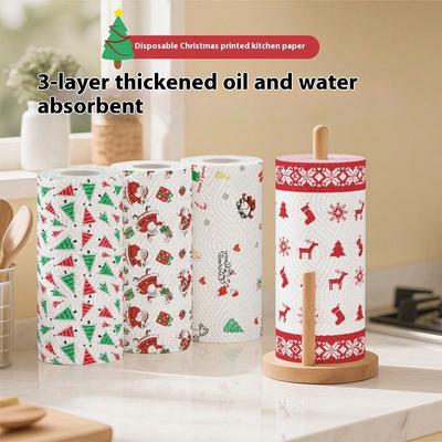 Christmas Kitchen Paper 3-layer Thickened Roll Paper Disposable Kitchen Cleaning Cloth Dry Wet Dual-purpose Household Roll Paper 23*23cm 150g/roll