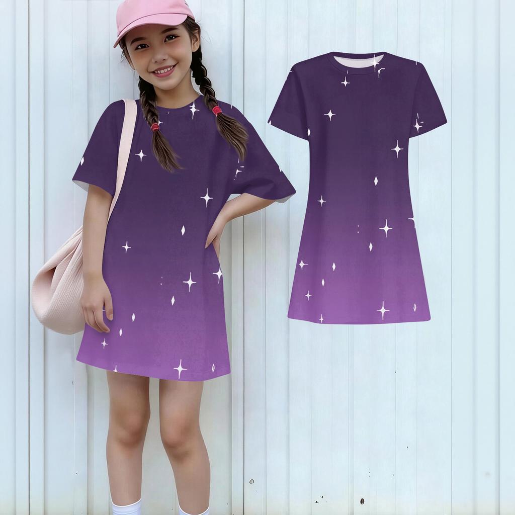 Girls Print Casual Dress Kids Loose Round Neck Short Sleeve Thin Sundress