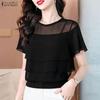 ZANZEA Women Casual Sheer Mesh Splice Round Neck Short Sleeve Blouse