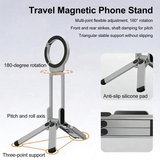 Magnetic Travel Phone Holder Portable Rotating Clip for Backpack & Selfie 5-in-1 Mode Foldable Phone Stand for Vlogging Live Streaming Adventure
