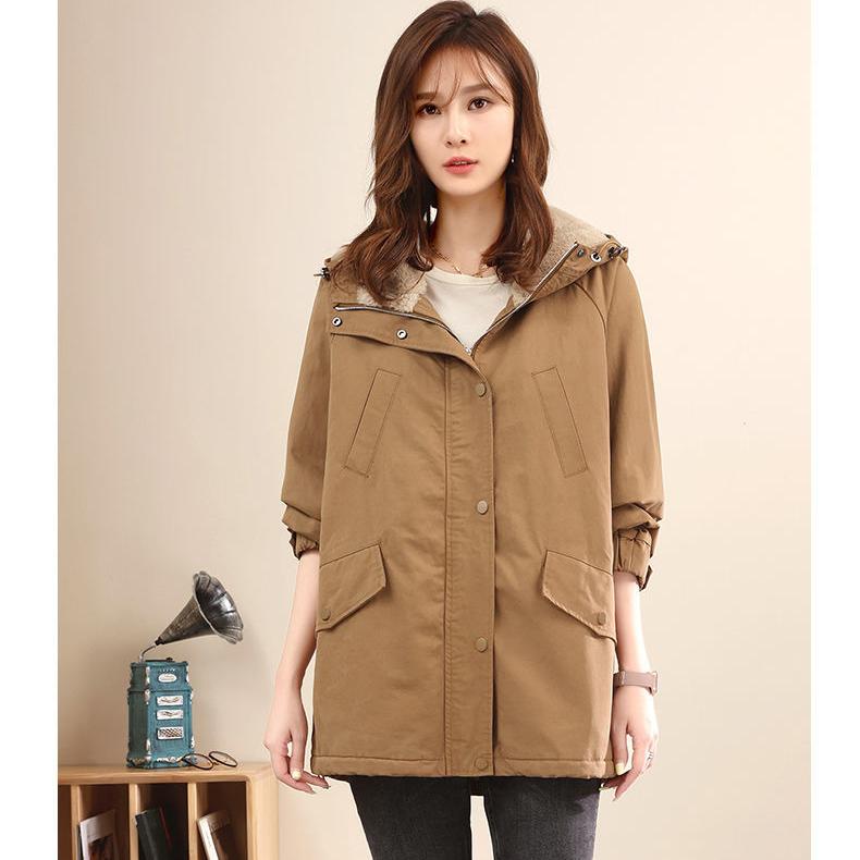 

Повседневная свободная теплая куртка женское зимнее пальто с капюшоном и утолщенной флисовой подкладкой XXL хаки