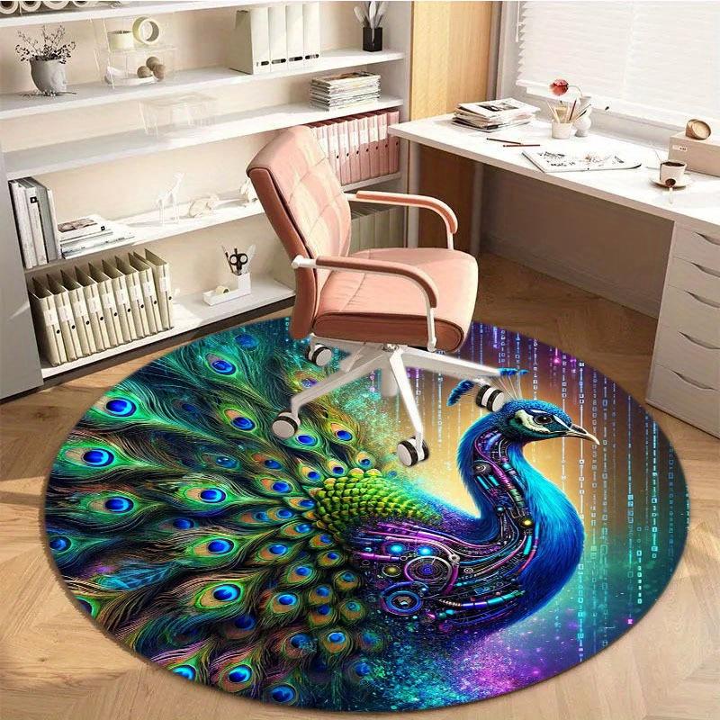 Crystal Velvet Carpet Crystal Velvet Peacock Design Mat - Vibrant Colorful Feathers Circular Mat, Lightweight Hand Wash On