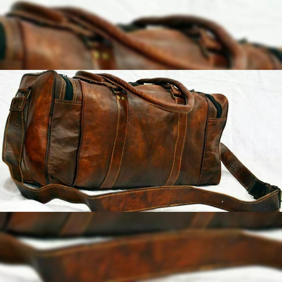 New Vintage Brown Goat Leather Gym Duffel Travel Luggage Genuine Men Bag Brown