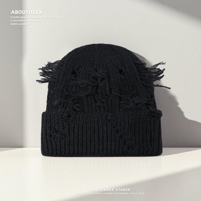 

Осенне-зимние рваные вязаные шапки для женщин, уличные шапки от холода для защиты ушей для пар, универсальные теплые шерстяные шапки для мужчин, трендовые M（56-60cm）