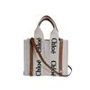 Shiny Calfskin Woody Handbag Linen Beige Women Used