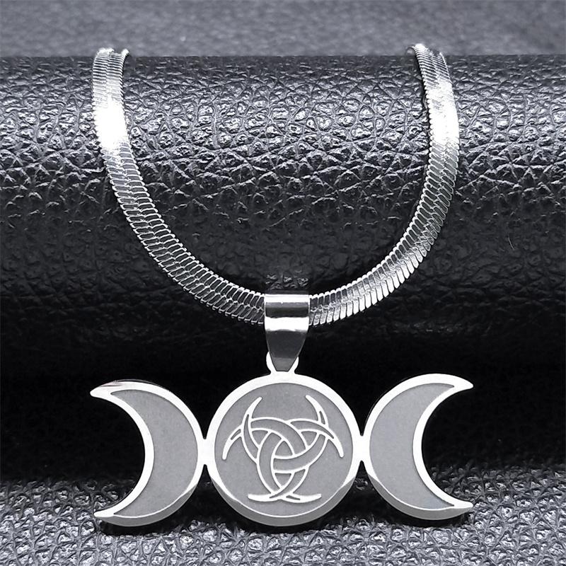 Witch Triple Crescent Moon Goddess Necklace for Women Stainless Steel Silver Color Wicca Pagan Necklaces Jewelry collier N8436S0