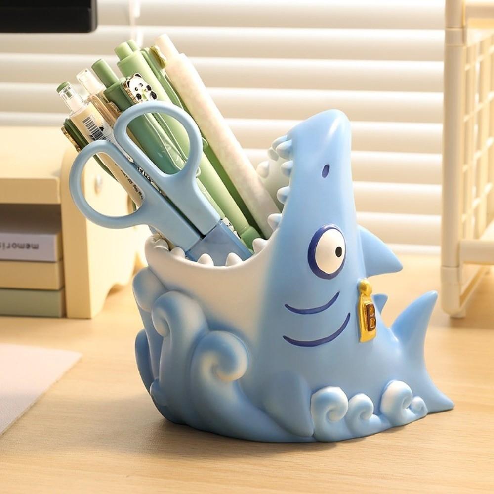 Cartoon Shark Pen Holder Creative Stationery Storage Box Study Room Resin Pen Holder  School