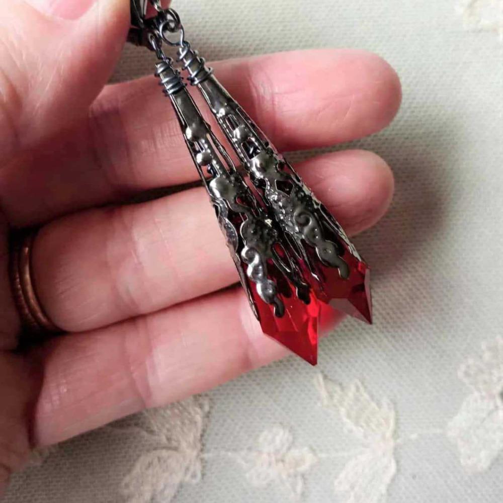 Gothic Victorian Sliver Color Filigree Red Glass Crystal Cone Dangle Earrings for Women Halloween Party Witch Magic Jewelry Gift
