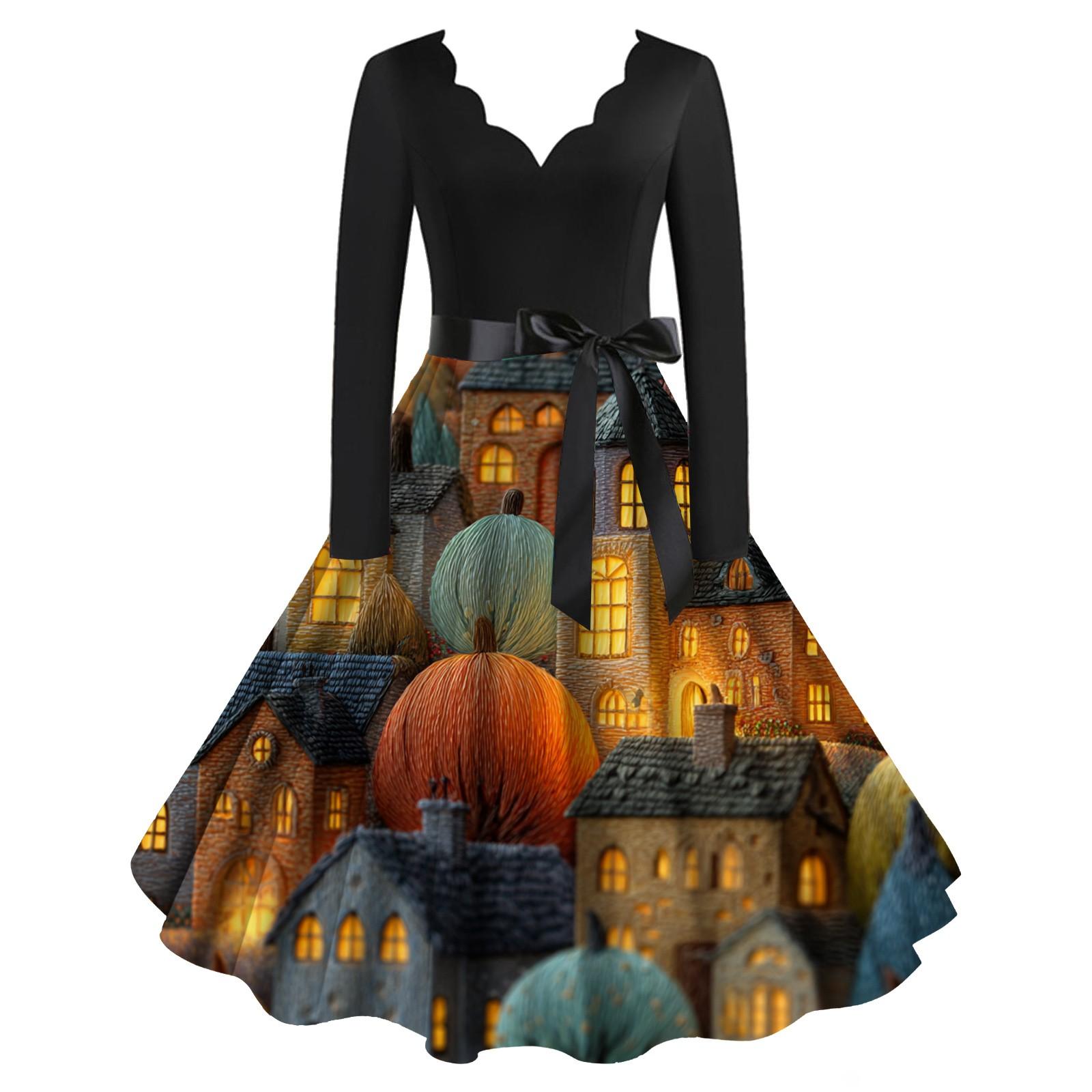 

Расклешенное платье с принтом Хэллоуина для женщин Платье с длинным рукавом Повседневные платья S