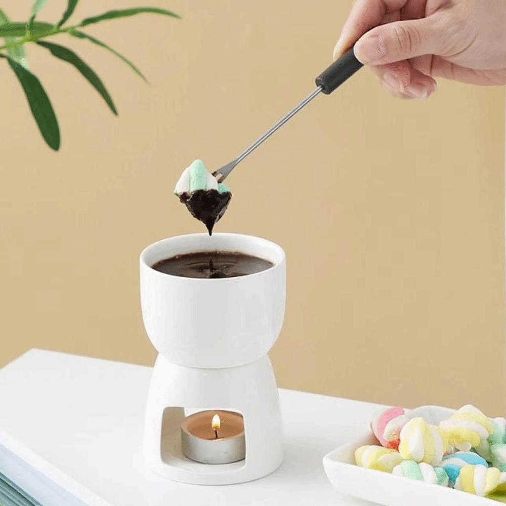 Ceramic Chocolate Cheese Fondue Cup with Fork Glazed Surface Tea Light Candle Butter Warmer Heat-resistant Mini