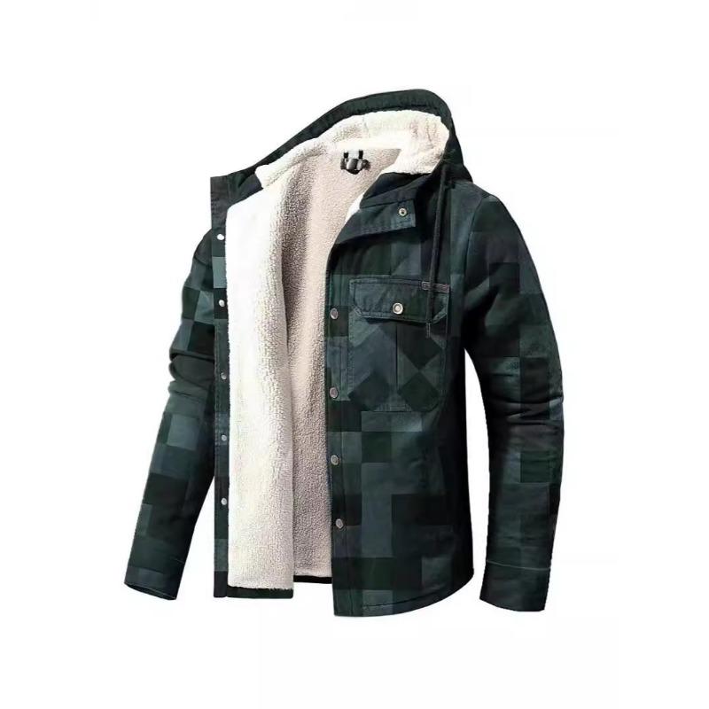 Men's Clothing European and American Autumn and Winter Thickened Cotton-padded Plaid Long-sleeved Loose Hooded Jacket