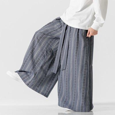 2023 A/W Men's Striped Patchwork Cotton Linen Wide Leg Pants, Chinese Style Casual Plus Size.