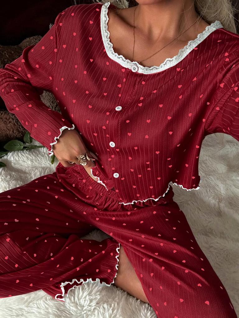 Women's European & American Lace Cardigan Pajama Set, Long-Sleeved Top & Pants, Autumn/Winter Style