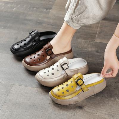 Mode Frauen Runde Zehe Keil Hausschuhe Sommer Med Heels Dame Weibliche Cut-Outs Schnallen Slides Plattform Schuhe