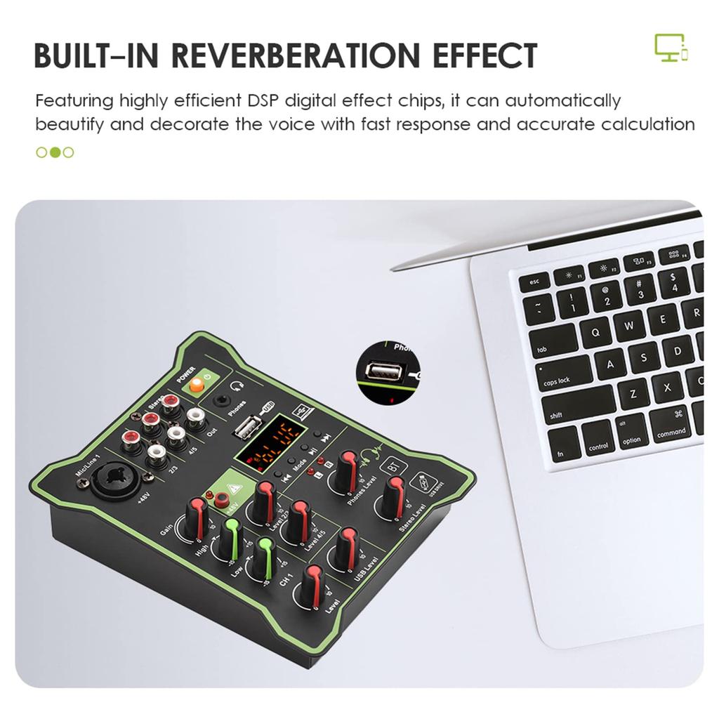 Compact Audio Mixer Sound Mixing Console with 48V Phantom USB Audio LED Reverb Bluetooth Function for DJ Live Karaoke 5-Channel Power, Interface,