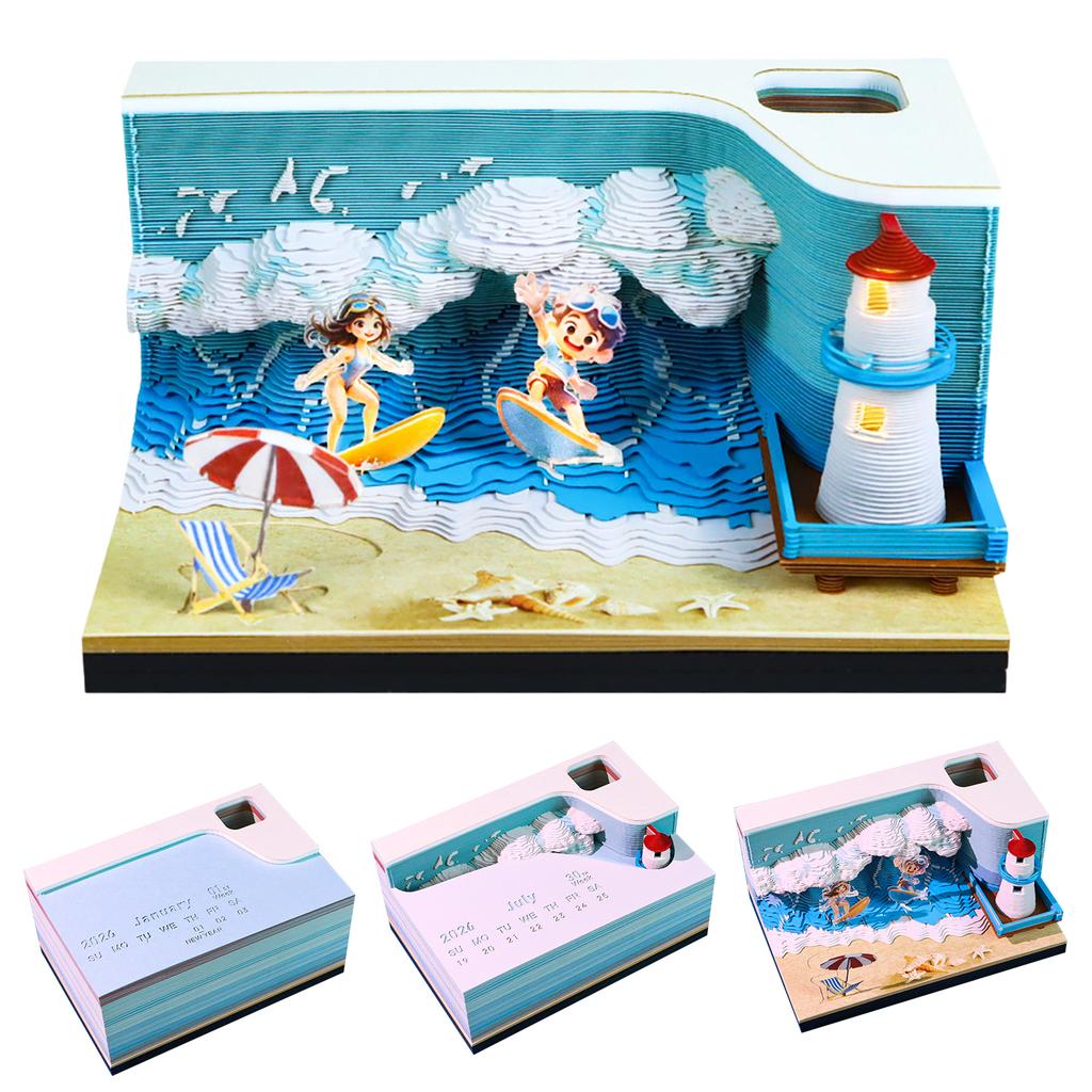 Bloc-notes détachable Thème Surf Calendrier Hebdomadaire Bloc-notes Art 3D La Grande Vague avec Lumière et Trou pour Stylo