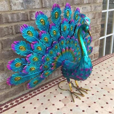 Metal Peacock Statue Garden Decor Yard Animal Peacock Standing Posture Figurine Decorative Home Garden Metal Peacock Craft Art