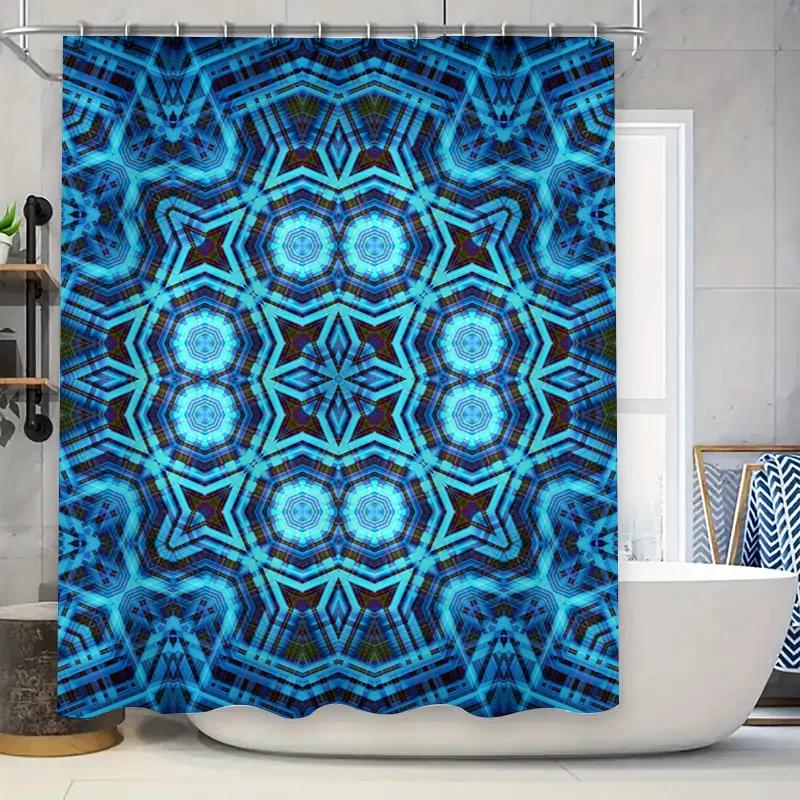 Blue Geometric Shower Curtain, Waterproof Fabric With Rod Pocket Design For Bathroom Decorations