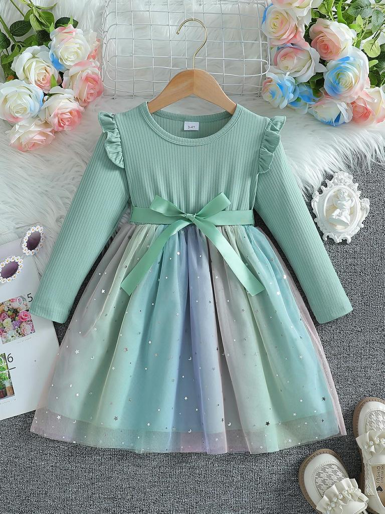 Herbst 2025 Langarm-Netzkleid mit Schleife für Baby-Mädchen