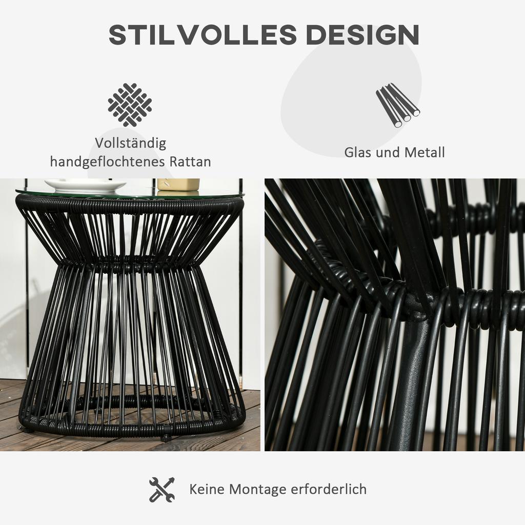 Runder Beistelltisch, Rattan-Beistelltisch, Hohlzylinder-Design Couchtisch mit Glasplatte für Terrasse, Garten, Balkon Schwarz