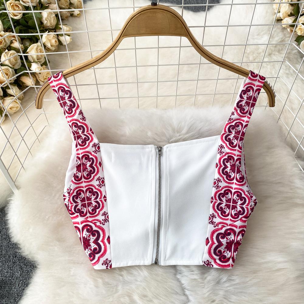 Elegant Porcelain Pattern Two Piece Set Women Flower Print Short Crop Top Pleated Maxi Skirt Suits Female Patchwork Vintage Strap Sets 2024