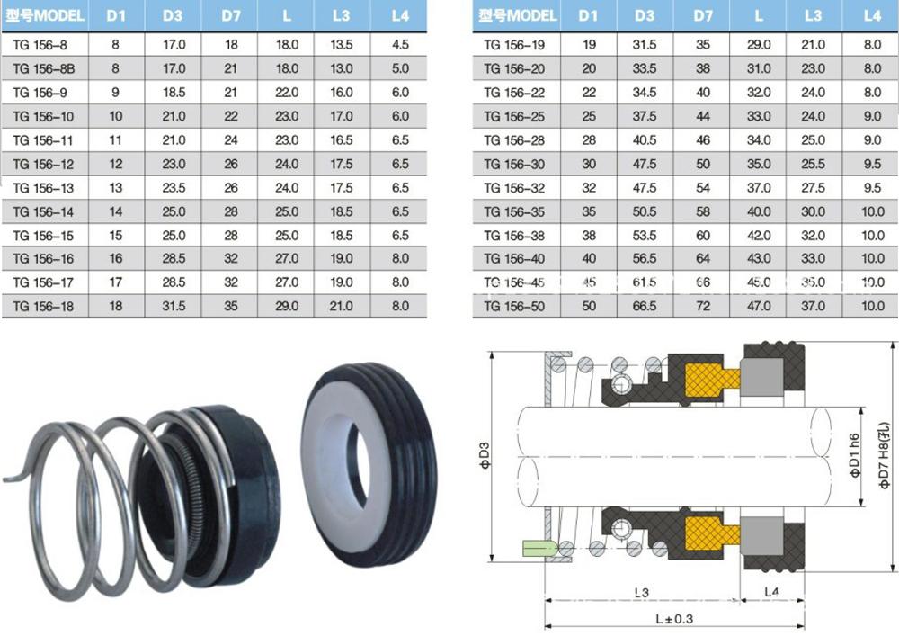 

156 Series Fit 8 10 12 14 15 16mm OD Shaft Water Pump Mechanical Shaft Seal Single Coil Spring For Self-priming Pump 8mm