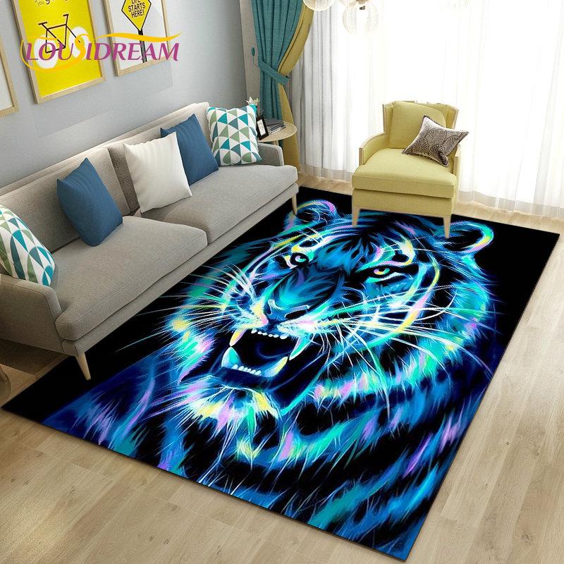 3D White Tiger Lion Leopard Wolf Area Rug,Carpet Rug for Living Room Bedroom Sofa Doormat Decoration,Kid Play Non-slip Floor Mat